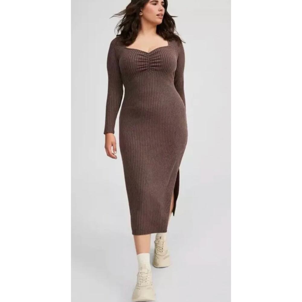 Torrid Women Tea Length Hacci Rib Column Dress Size 2X Long Sleeve Neutral Taupe - Picture 2 of 11